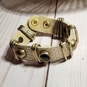 King Star Leather Gem Studded Gold Tone Snap Bracelet